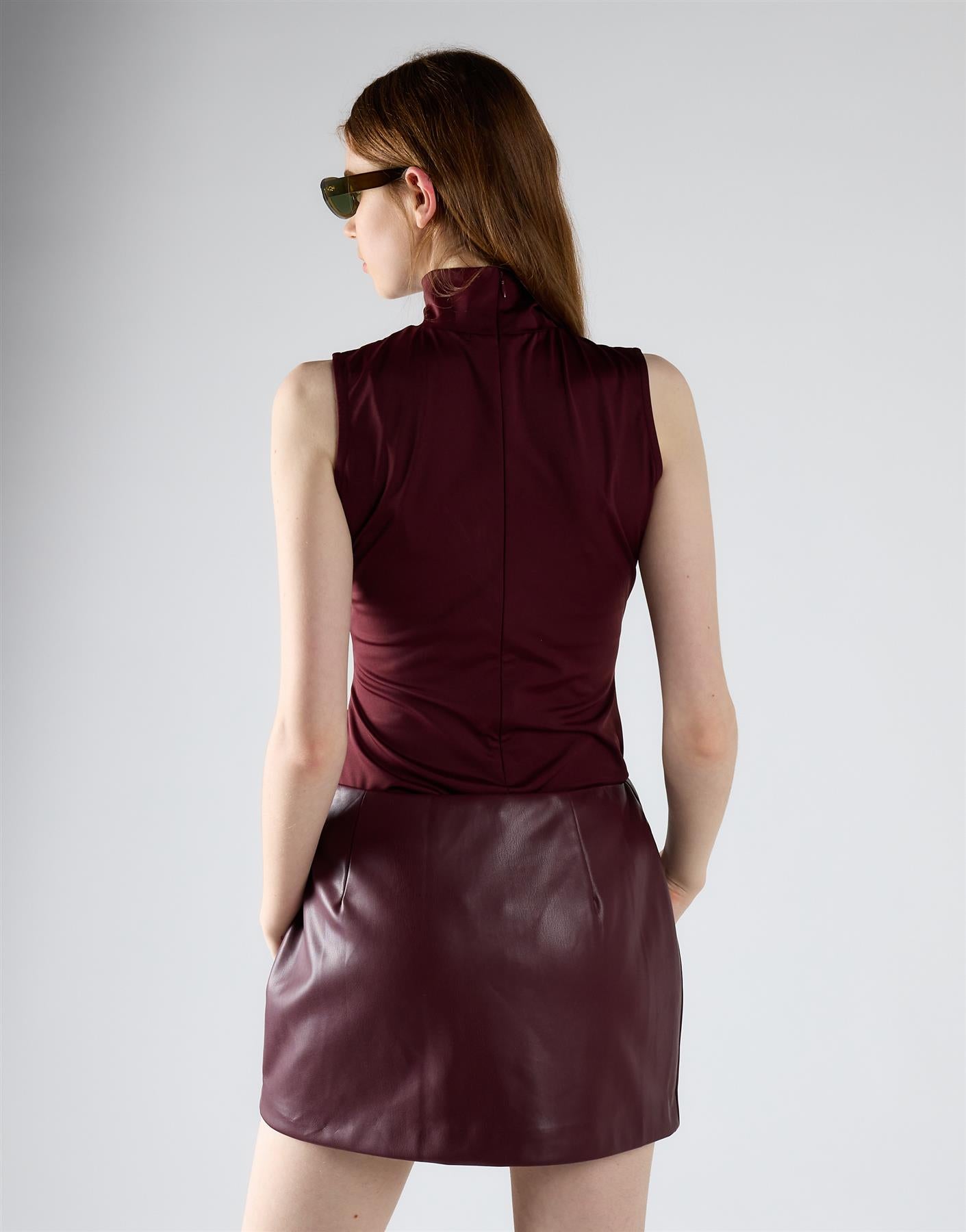 Burgundy PU Leather Side-Zip Mini Skirt