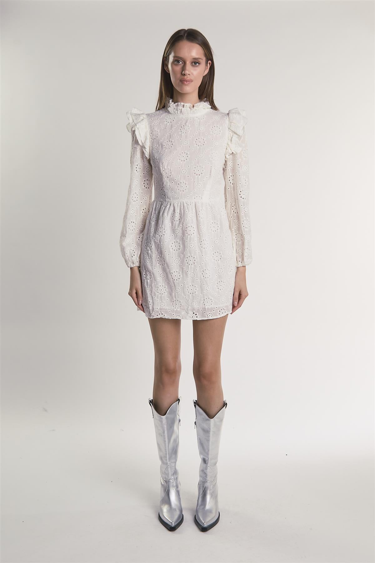 Off-White Eyelet-Ruffle-Trim Mini-Dress