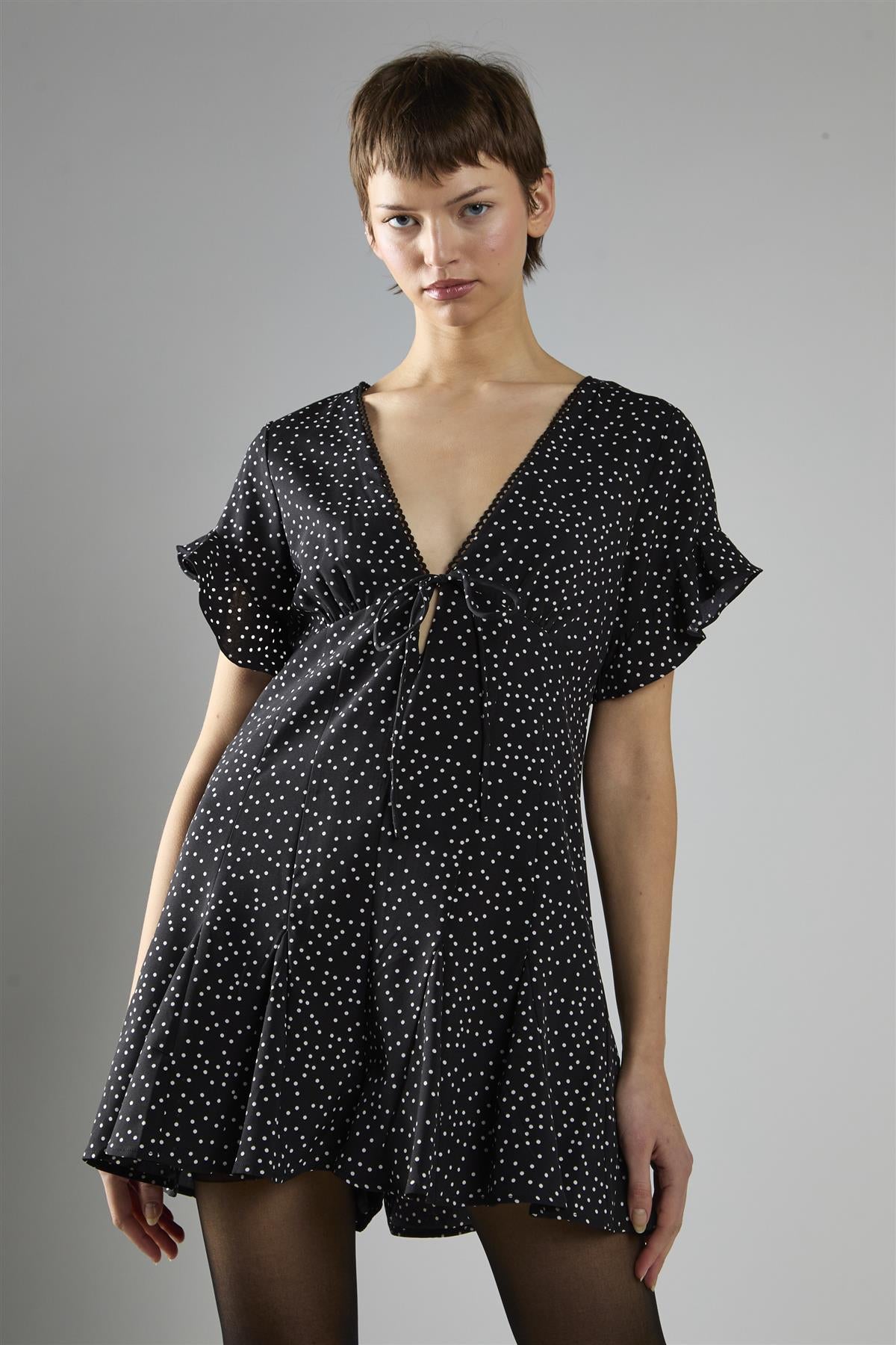 V-Neck Playsuit - Black Polka Dot