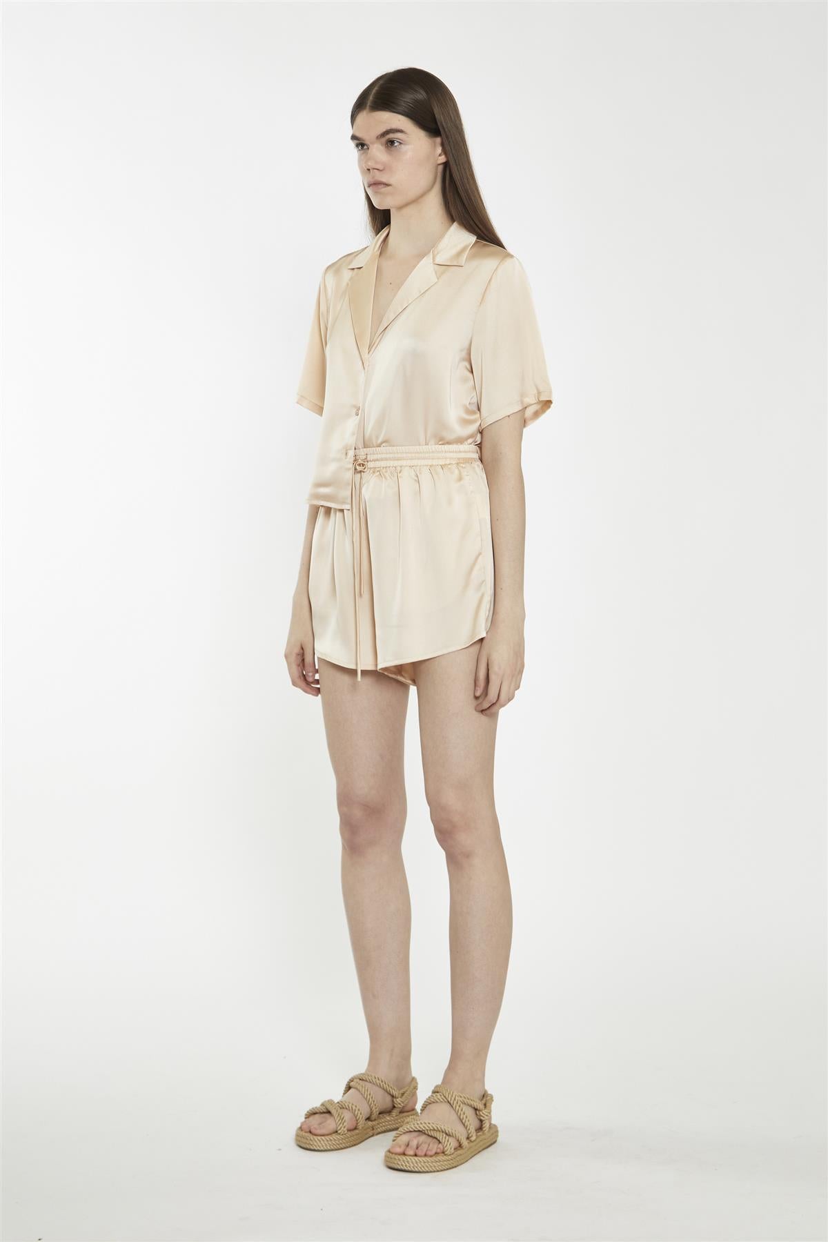 Loose High Waisted Shorts - Peach Champagne Sateen