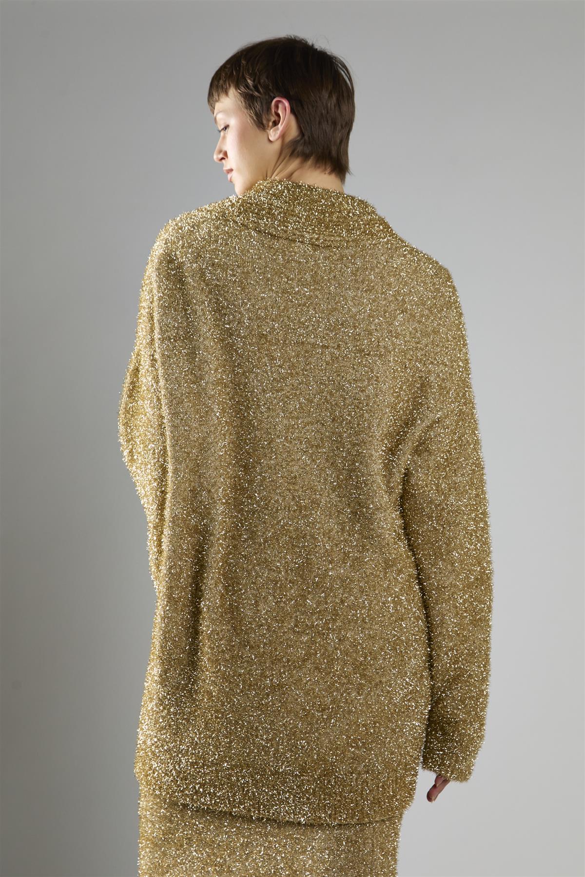 Gold-Tinsel Oversized Long Sleeve-Cardigan