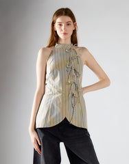 Stone Blue Stripe High Neck Bow Detail Top