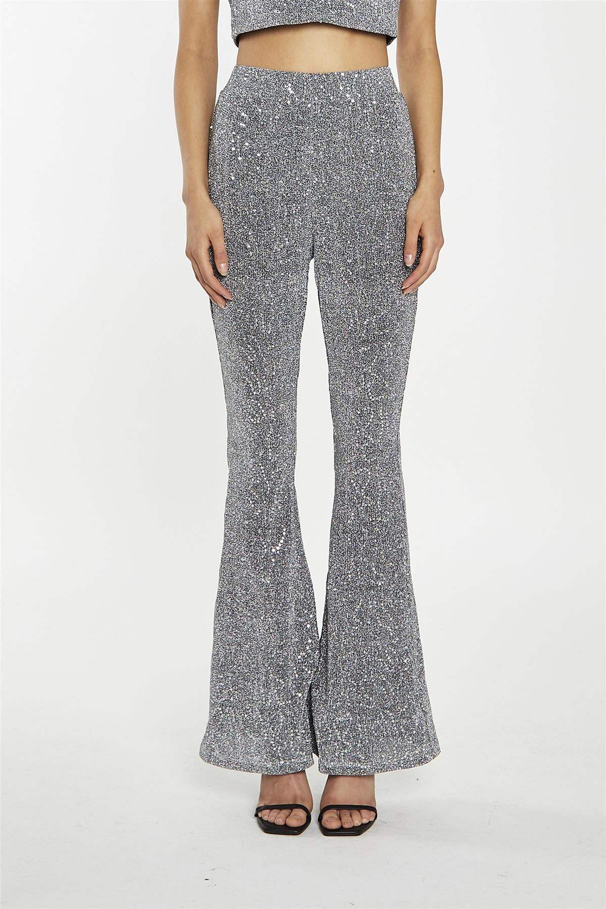 Silver-Sequin Plisse  Flared-Trousers