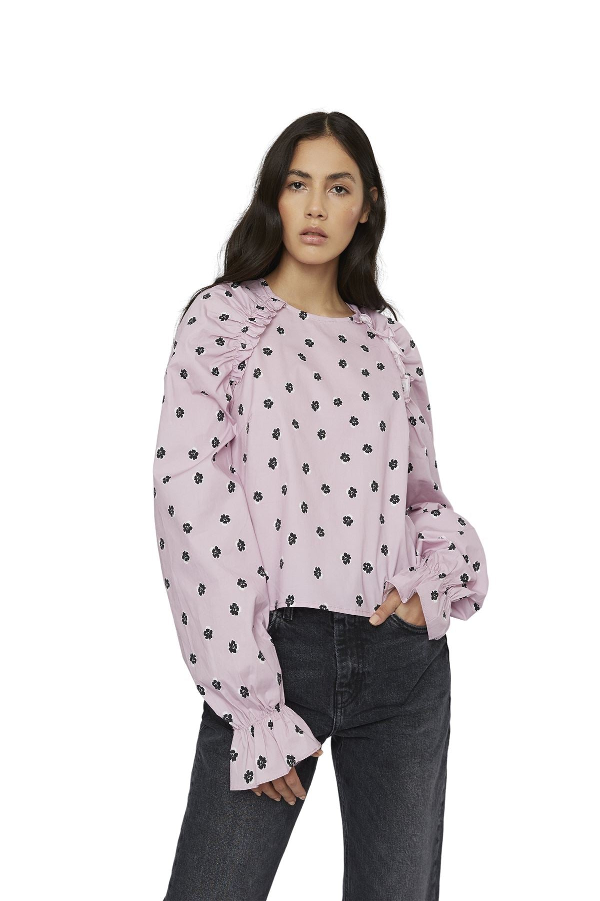 Pink Ditsy Cotton Ruffle Blouse