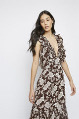 Dark-Brown-Paisley Deep-V-Neck Maxi-Dress