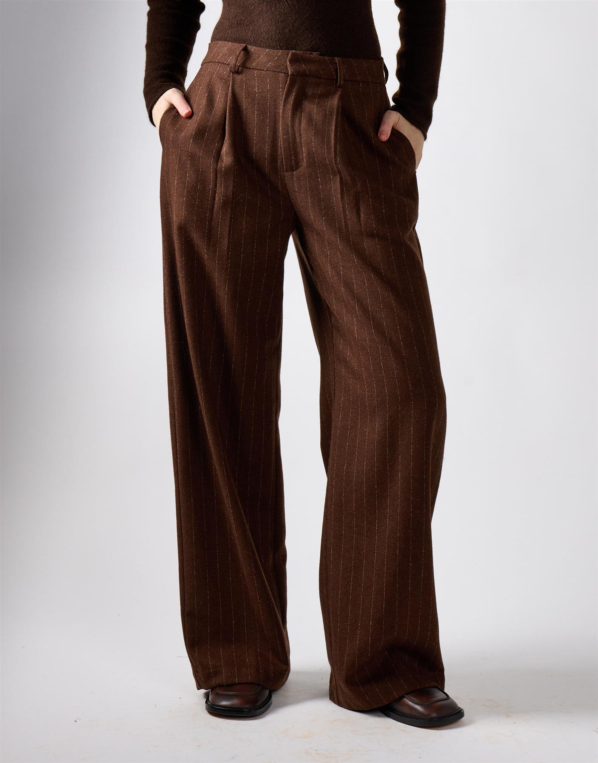 Narrated Brown Stripe Pleated Wide-Leg Trousers