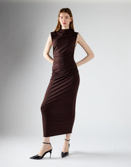 Brown Sleeveless High-Neck Ruched Midi Bodycon Dress
