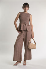 Mid Brown Fleck Smocked Peplum Top