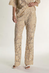 Sand Embroidered High Waisted Flared Trousers