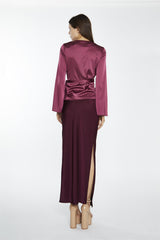 Dark-Raspberry Satin Fluted-Sleeve Wrap-Top