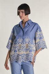 Embroidered Chambray Cropped Shirt