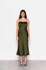 Forest Green Satin Open Tie Back Maxi Dress