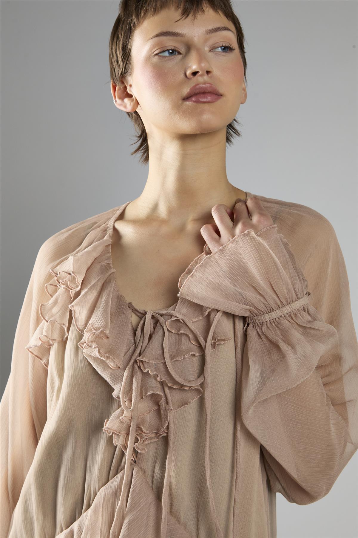 Nude Crinkle Long Sleeve Ruffle Maxi Dress