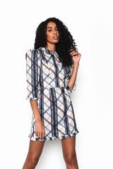 White Black Multi Check Collared Puff Sleeve Mini Dress with Ruffle Hem detail