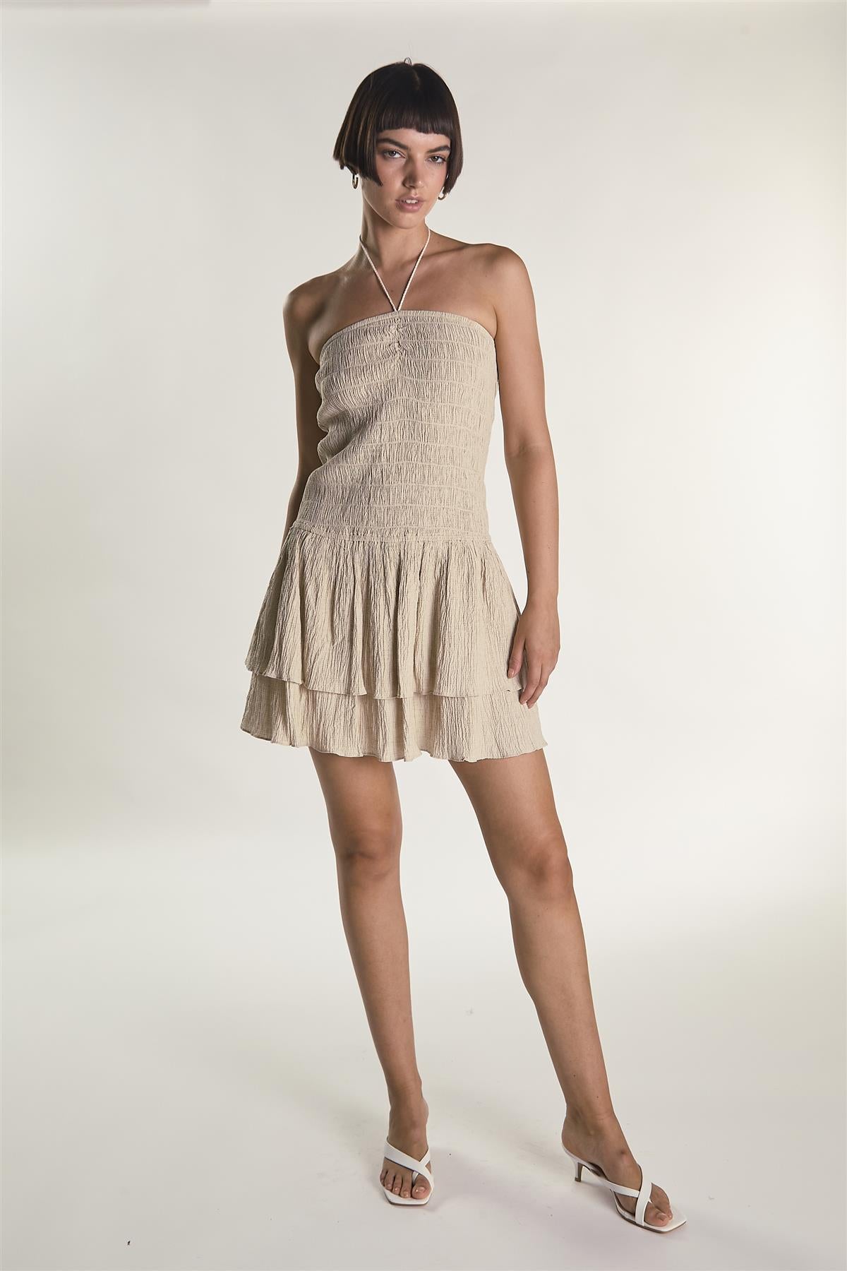 Stone Textured Halter Frill Mini Dress
