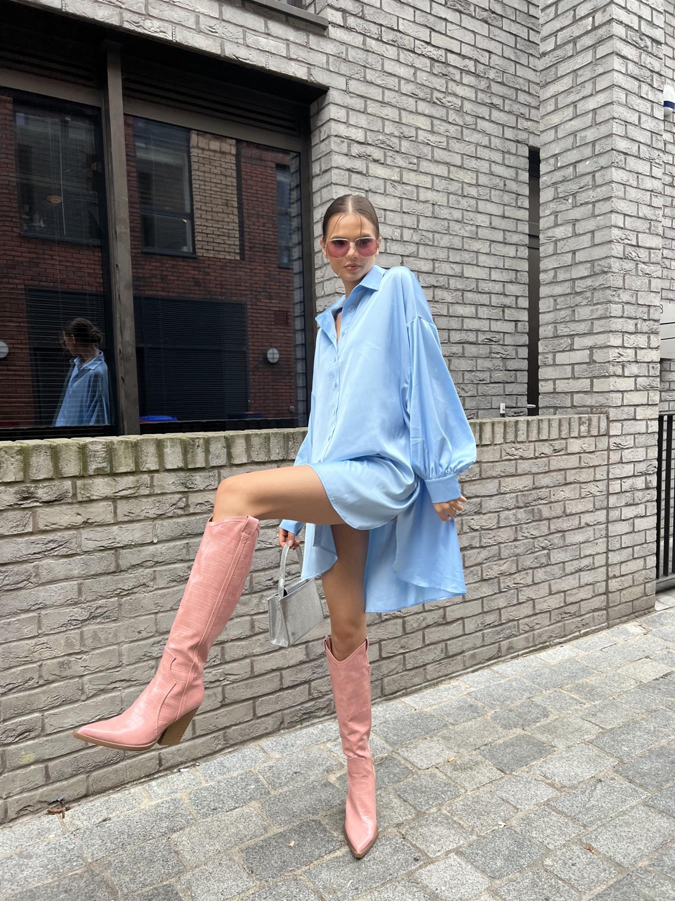 Pale-Blue Satin Shirt-Dress