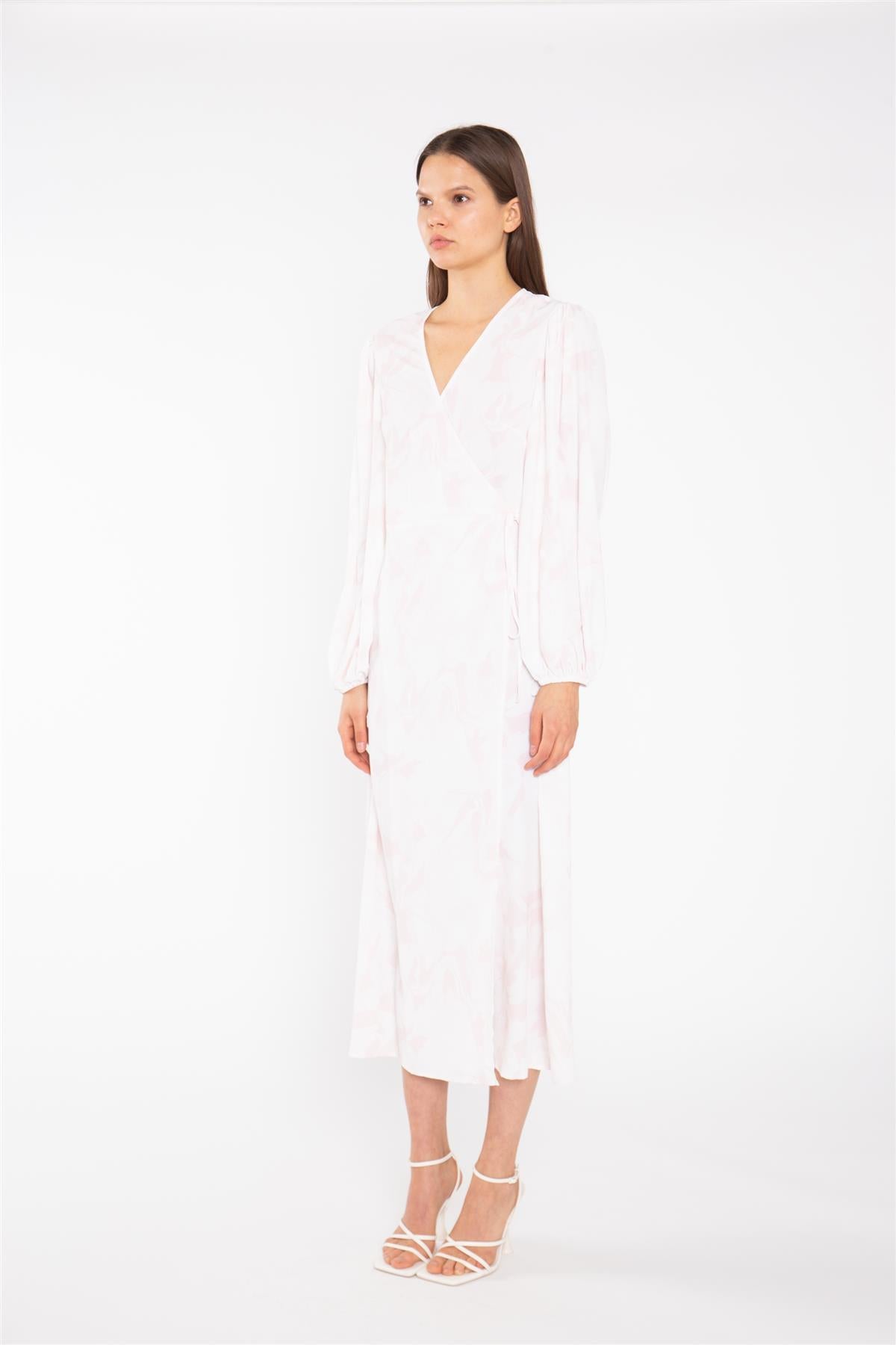 Pink-Watercolour Wrap Midi-Dress