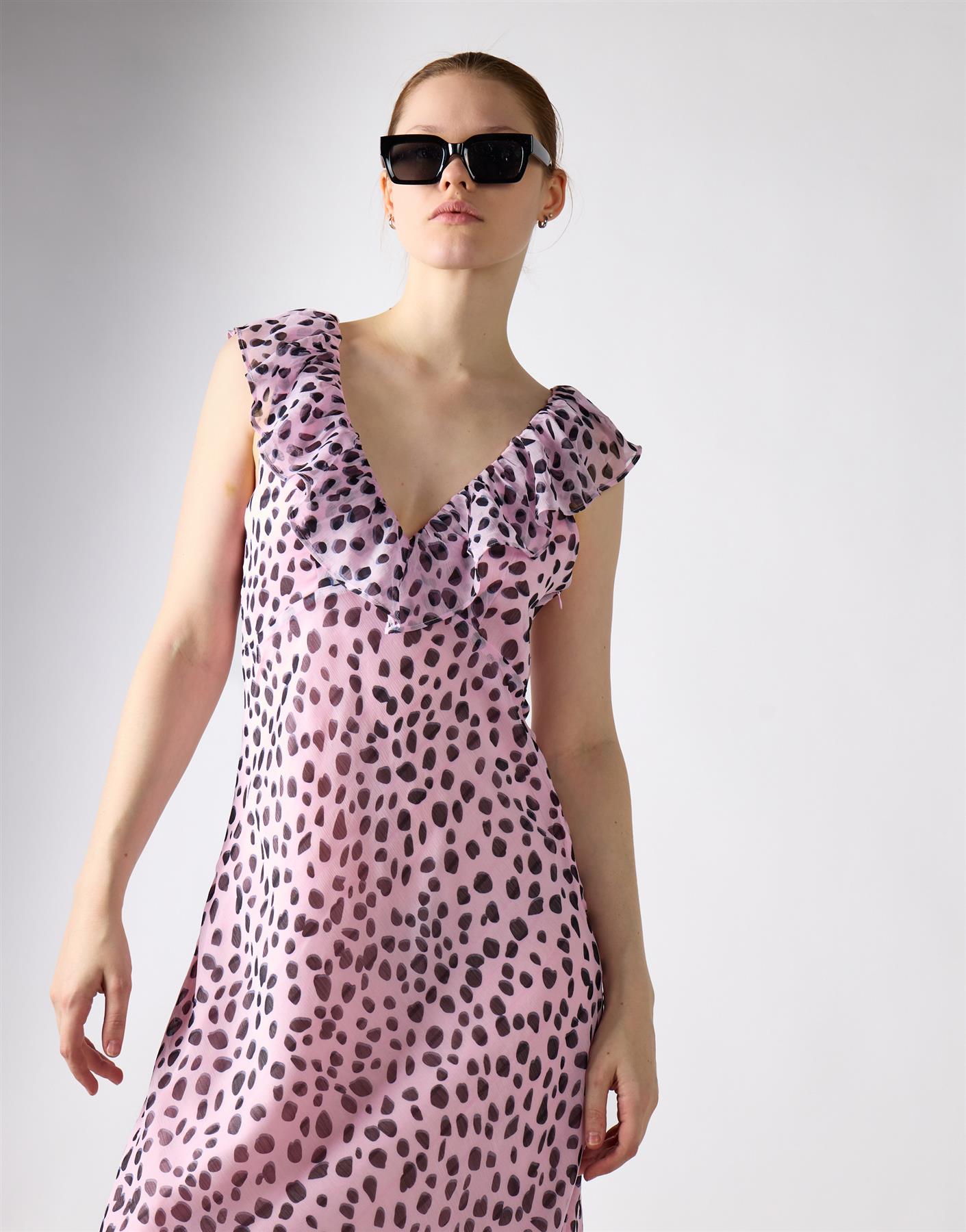 Glamorous Woman's Lilac Dalmatian Print Ruffle Maxi Dress