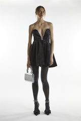 Black Plunge Rhinestone Trim Mini-Dress