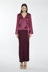 Dark-Raspberry Satin Fluted-Sleeve Wrap-Top