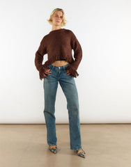Chocolate Brown Fringe-Trim Long Sleeve-Jumper