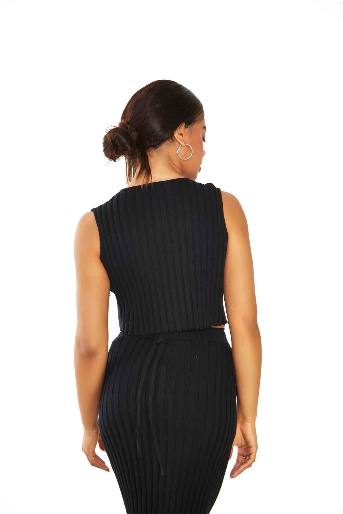 Black Rib Knit Crop top with Waist Tie