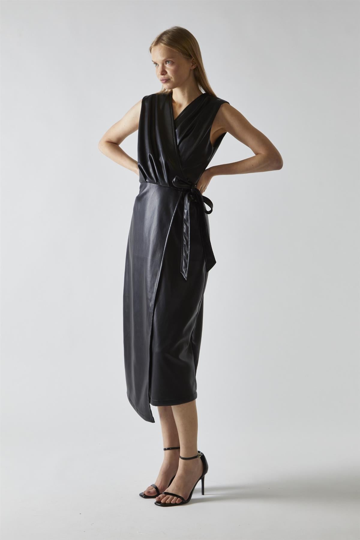 Black-Pu Wrap Midi-Dress