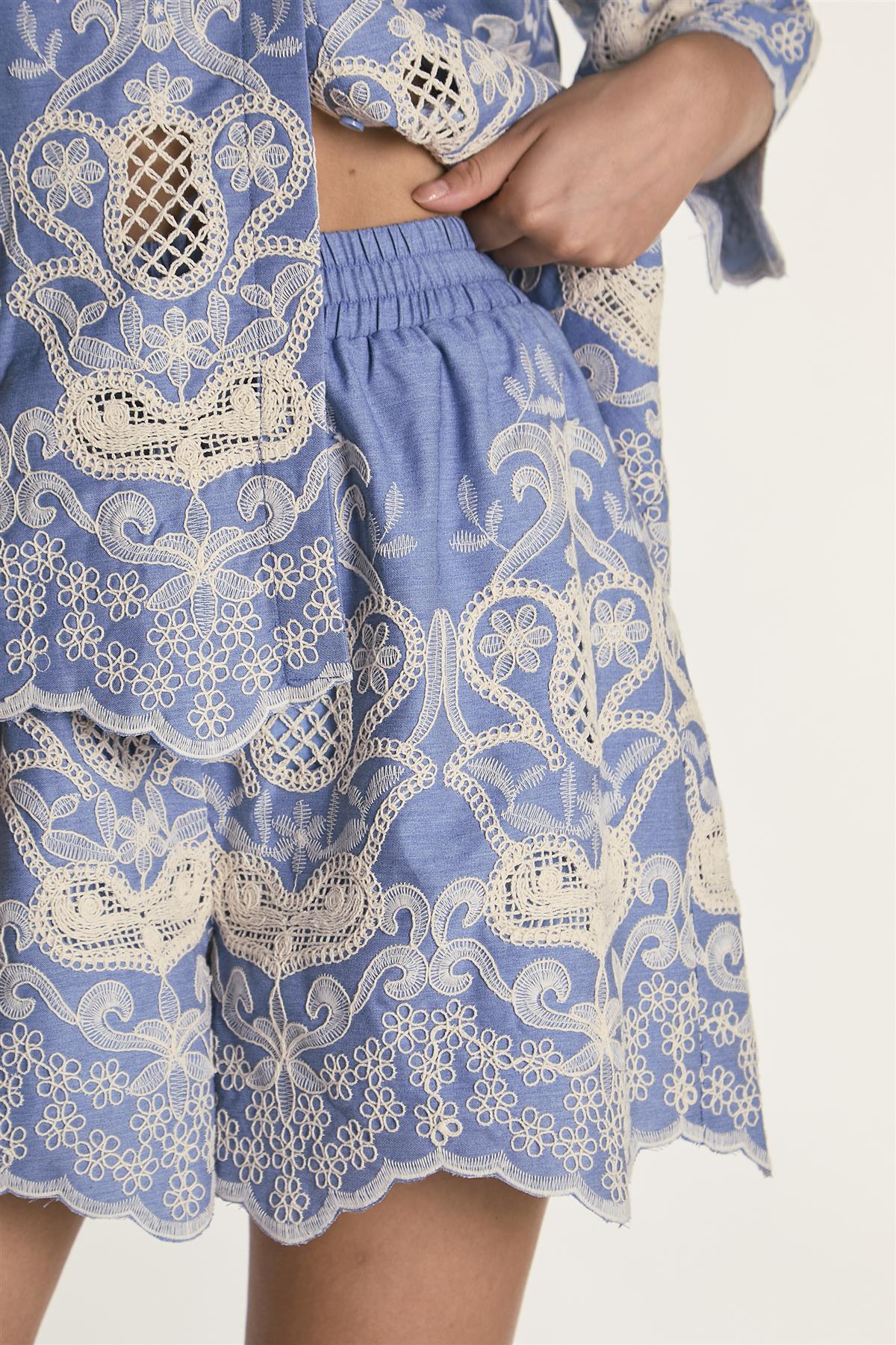 Glamorous Embroidered Chambray High Rise Lined Shorts