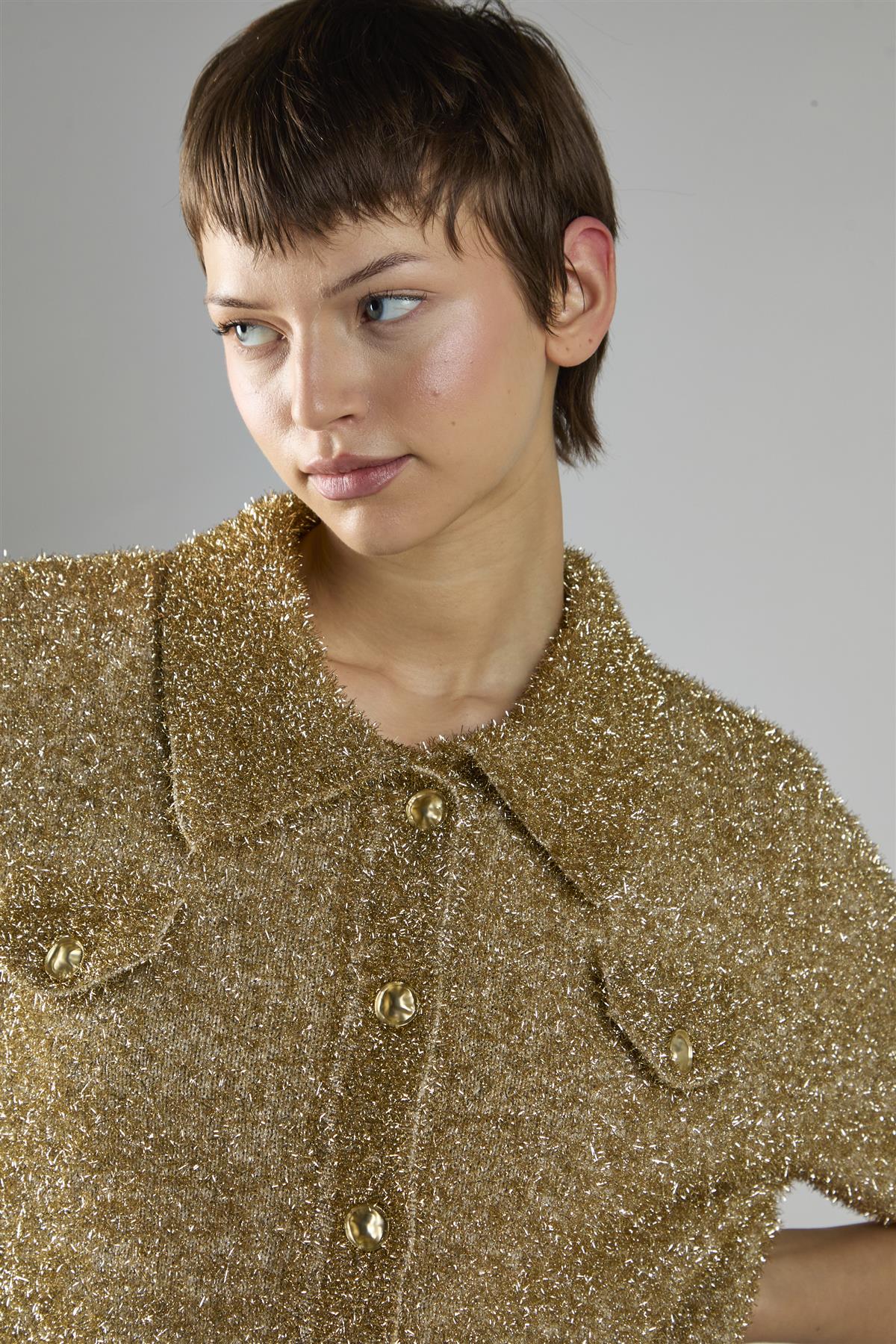 Gold Tinsel Button-Front Collar Short Sleeve Top