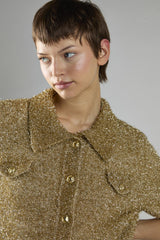 Gold Tinsel Button-Front Collar Short Sleeve Top