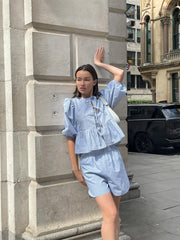 Mixed Blue Stripe Tie-Front Top