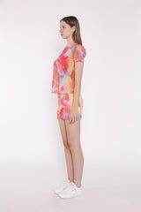 Multi Watercolour Flower Bodycon Cropped Tee