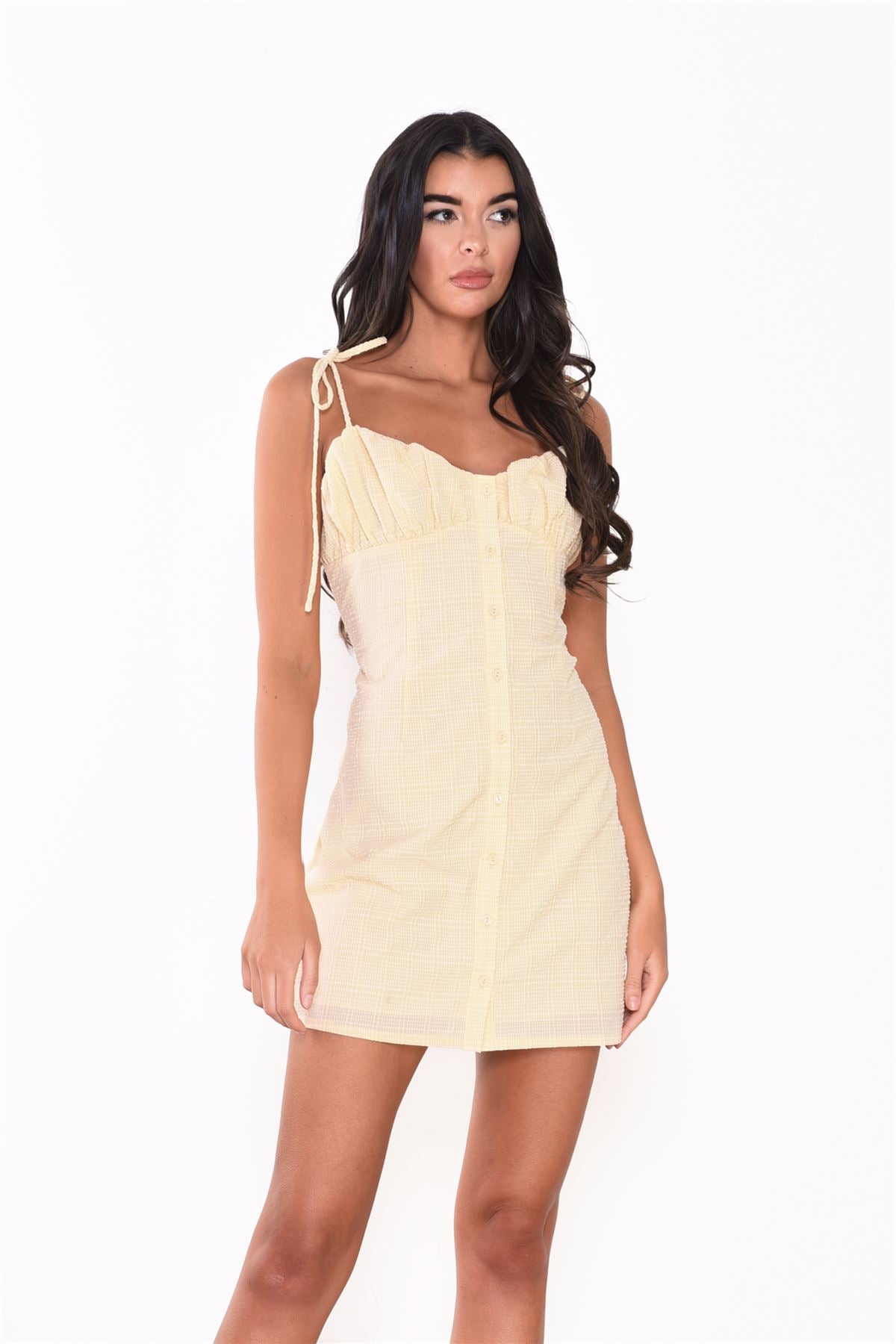 Light-Yellow-Textured Spaghetti-Strap- Mini-Dress