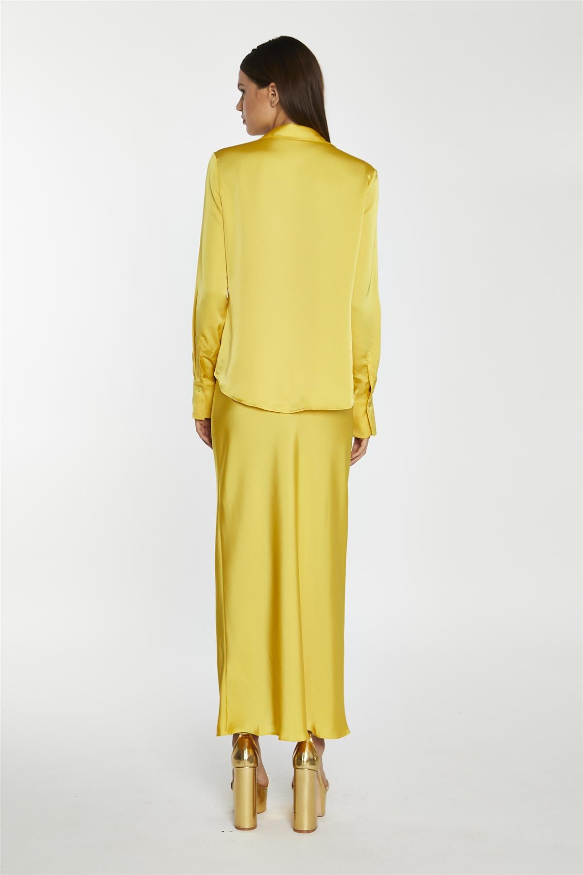 Yellow Satin Bias-Cut Midi-Skirt