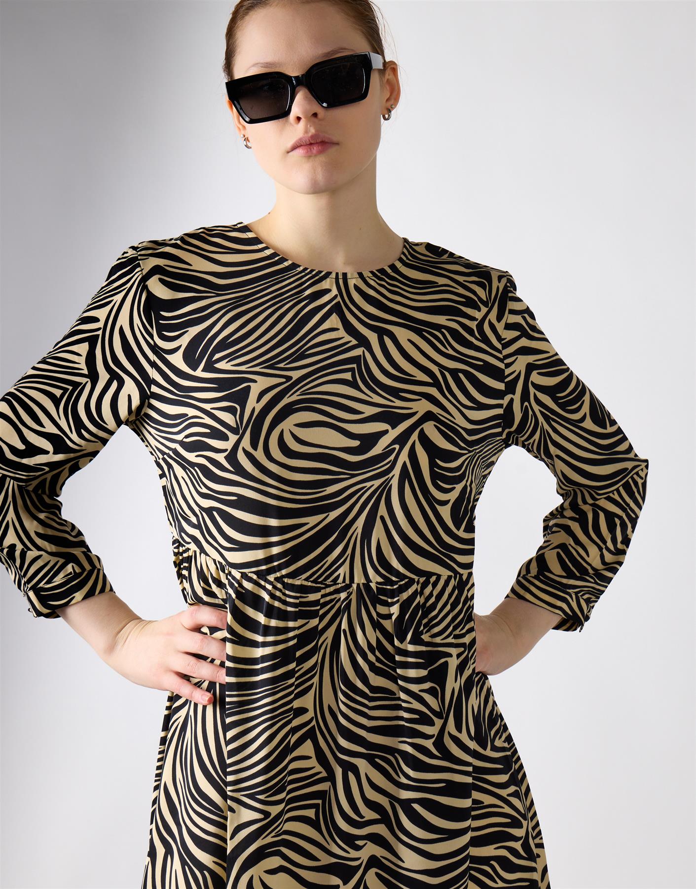 Stone Black Zebra 3/4 Sleeve Midi Dress