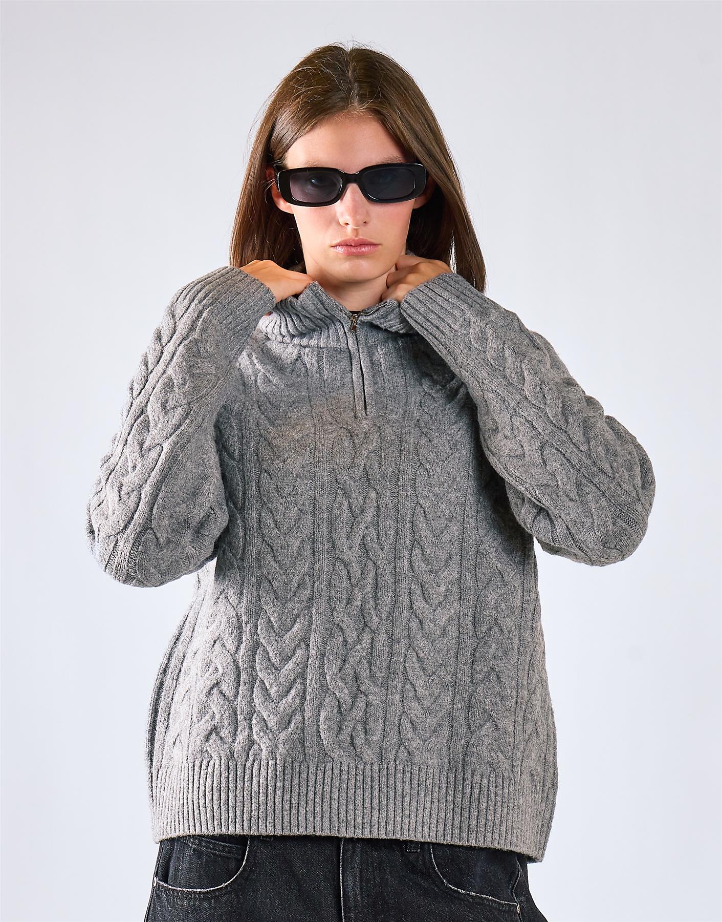 Grey Marl Cable Knit Quarter Zip Jumper