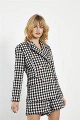 Mono-Check-Tweed Button-Front Long Sleeve-Blazer