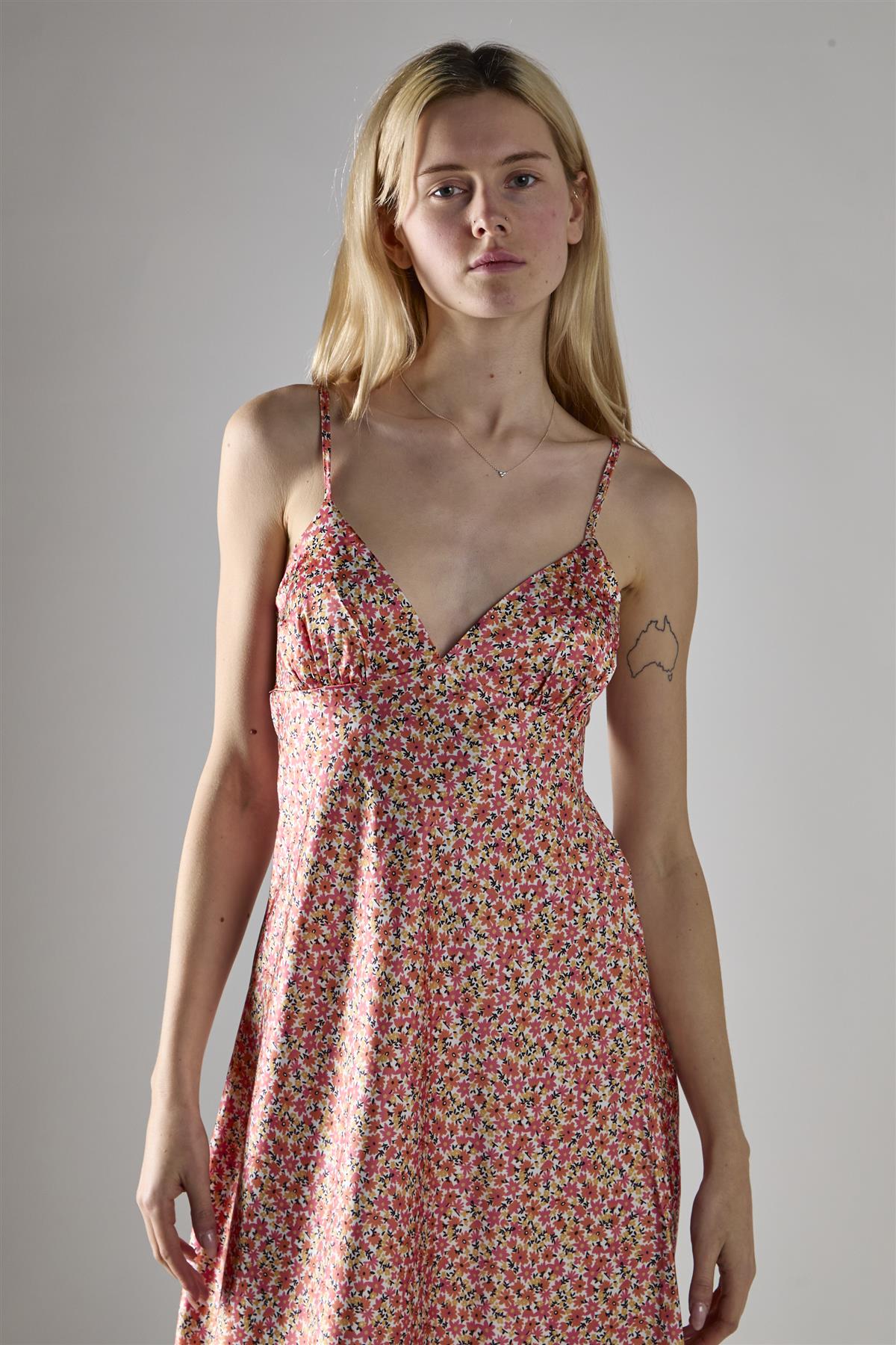Multi Coral Ditsy Spaghetti-Strap Midi-Dress