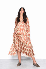 Tan-Yellow-Floral Long-Sleeve-Pleated Maxi-Dress