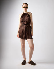 Open Tie Back Halter Playsuit - Brown