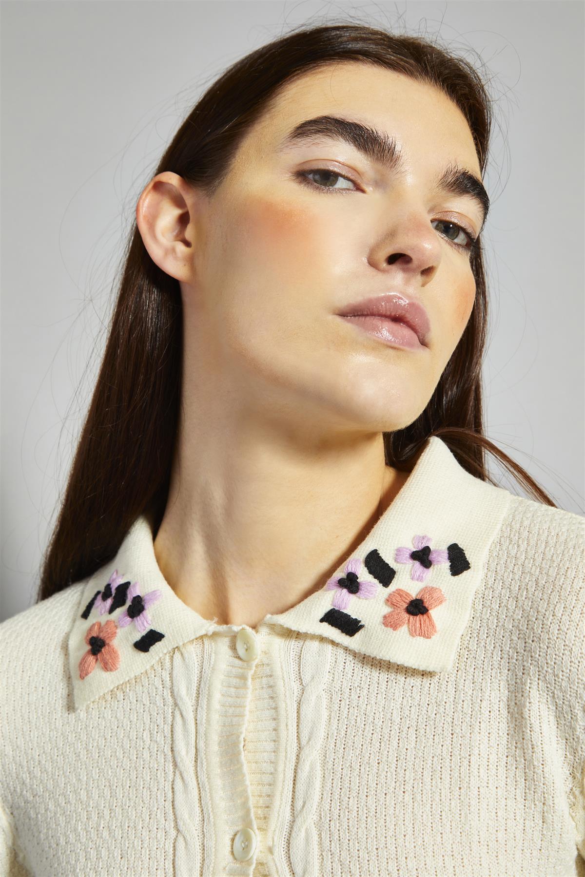Cream Embroidered Collar Mini Dress