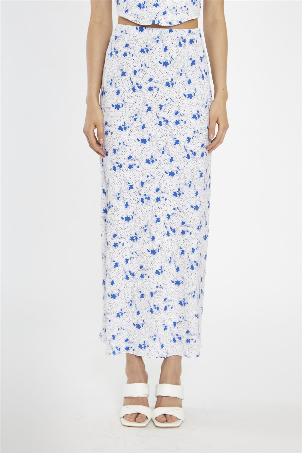 Blue-Dot Vintage-Floral Bias-Cut Midi-Skir