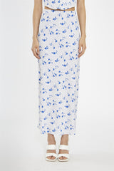 Blue-Dot Vintage-Floral Bias-Cut Midi-Skir