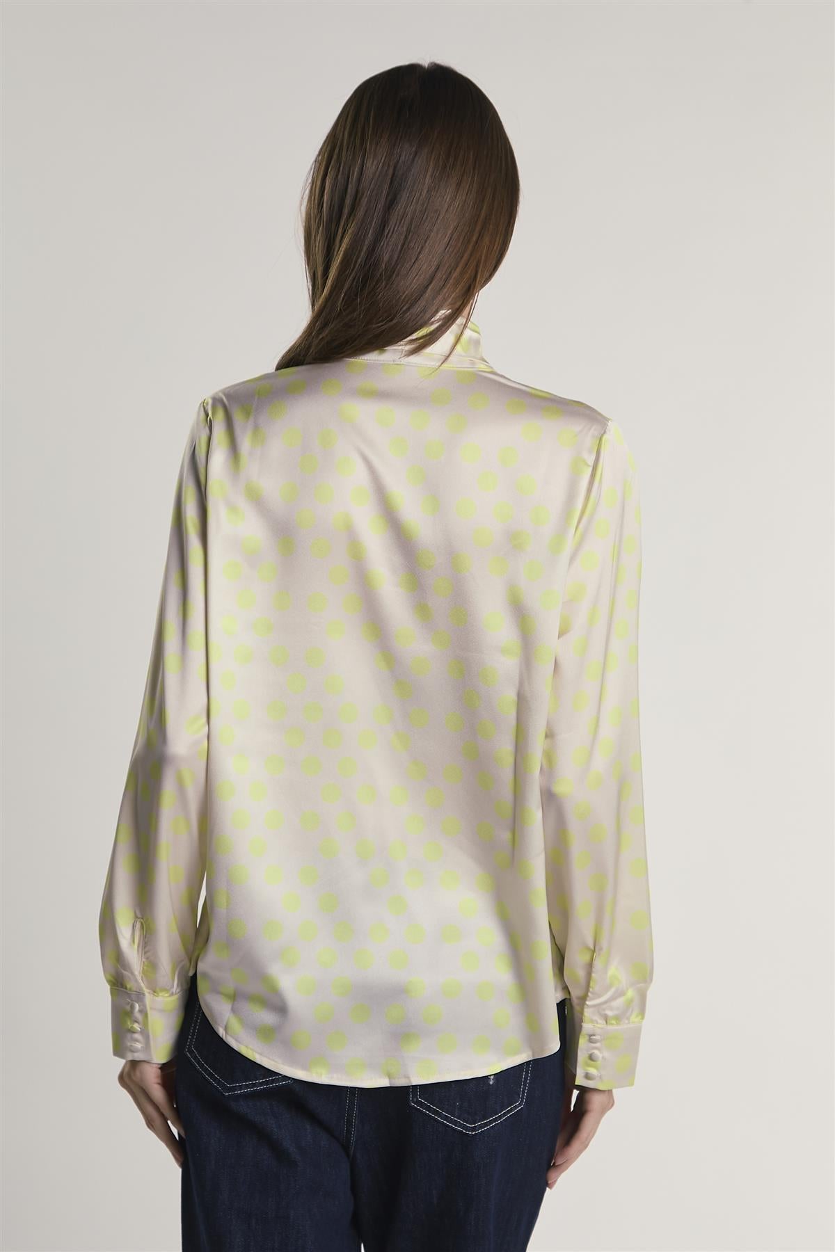 Yellow-Polka-Dot Front-Tie Long-Sleeve-Top