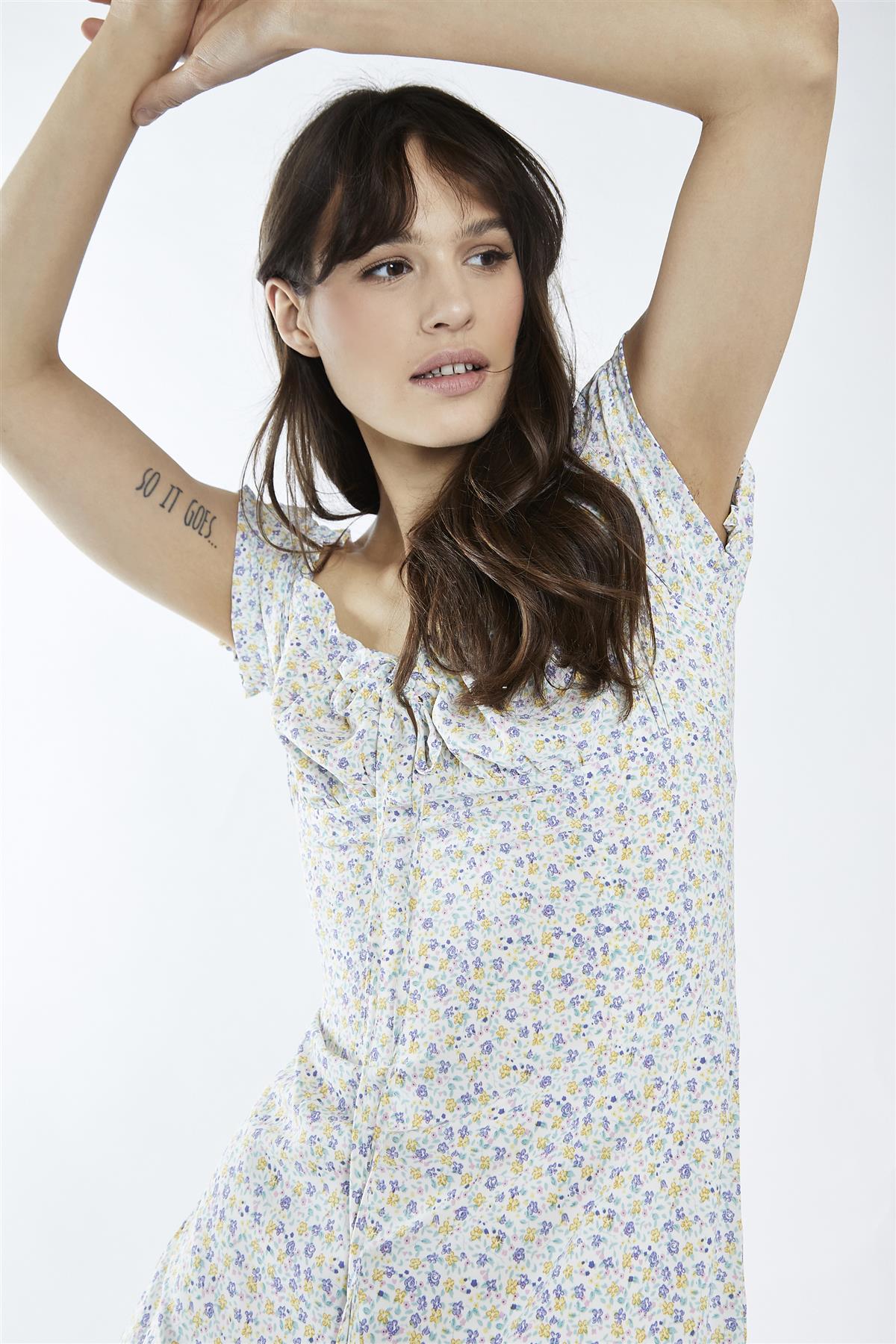 Lilac-Multi-Ditsy Front Tie Mini-Dress