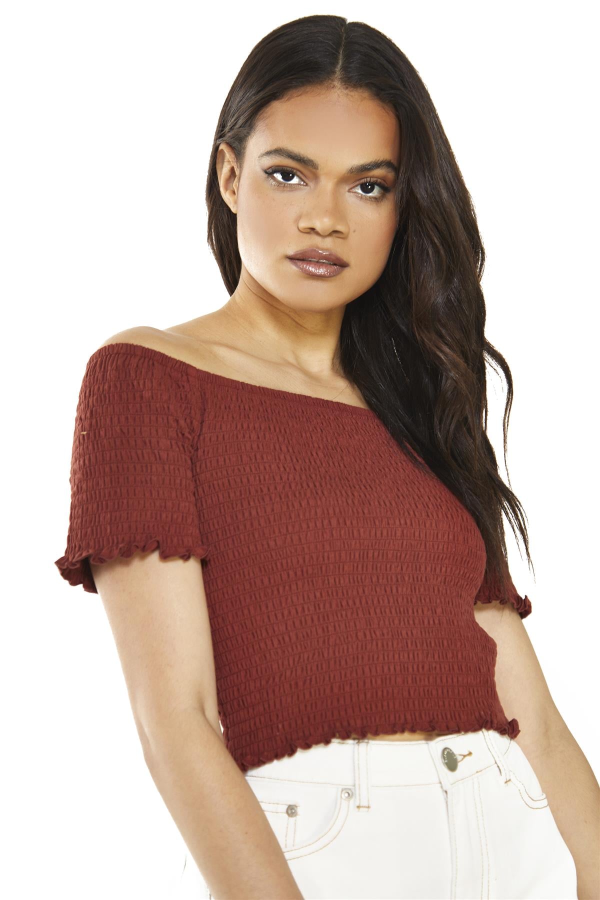 Umber Shirred Bardot Crop-Top