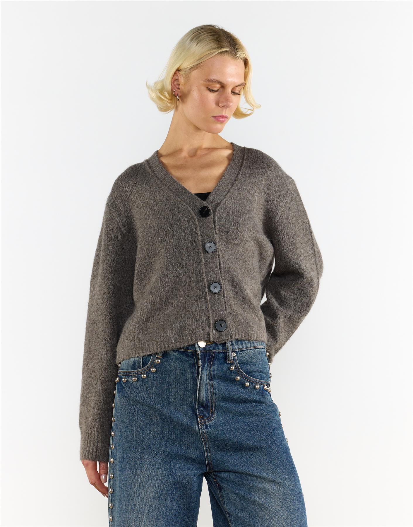Charcoal V-Neck Button-Front Long Sleeve Cardigan