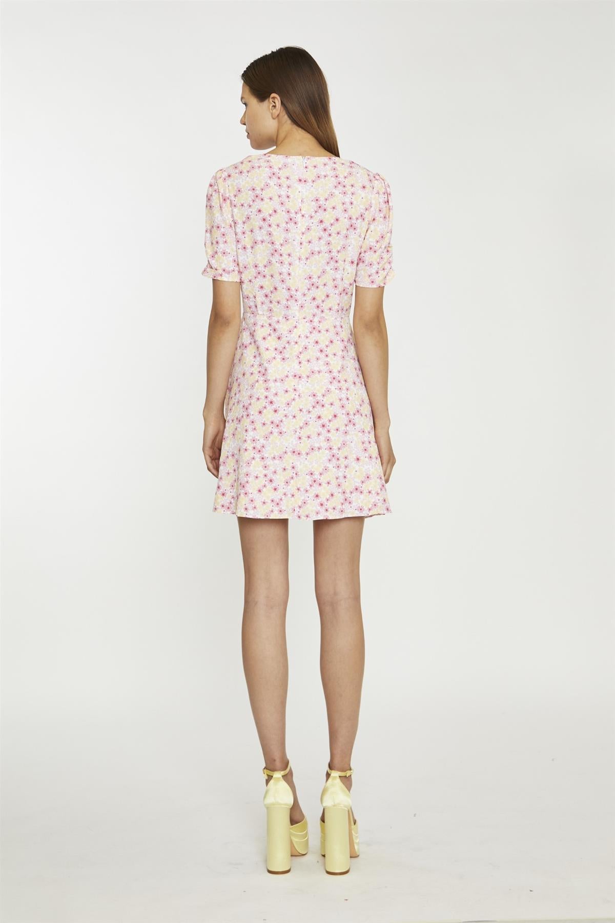 Pink-Yellow-Bunch-Flower Mini-Dress