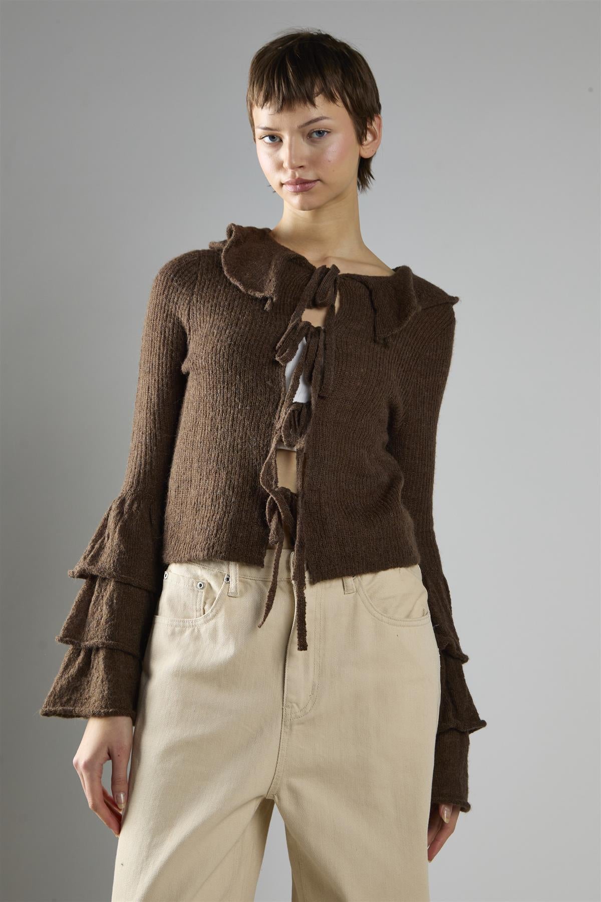 Dark Brown Ruffle Front Tie Long Sleeve Top