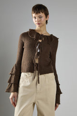 Dark Brown Ruffle Front Tie Long Sleeve Top